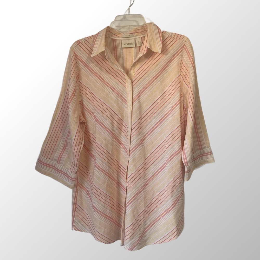 Chico's Button Down Shirt Womens 2 Orange Pink Striped Linen 3/4 Sleeve